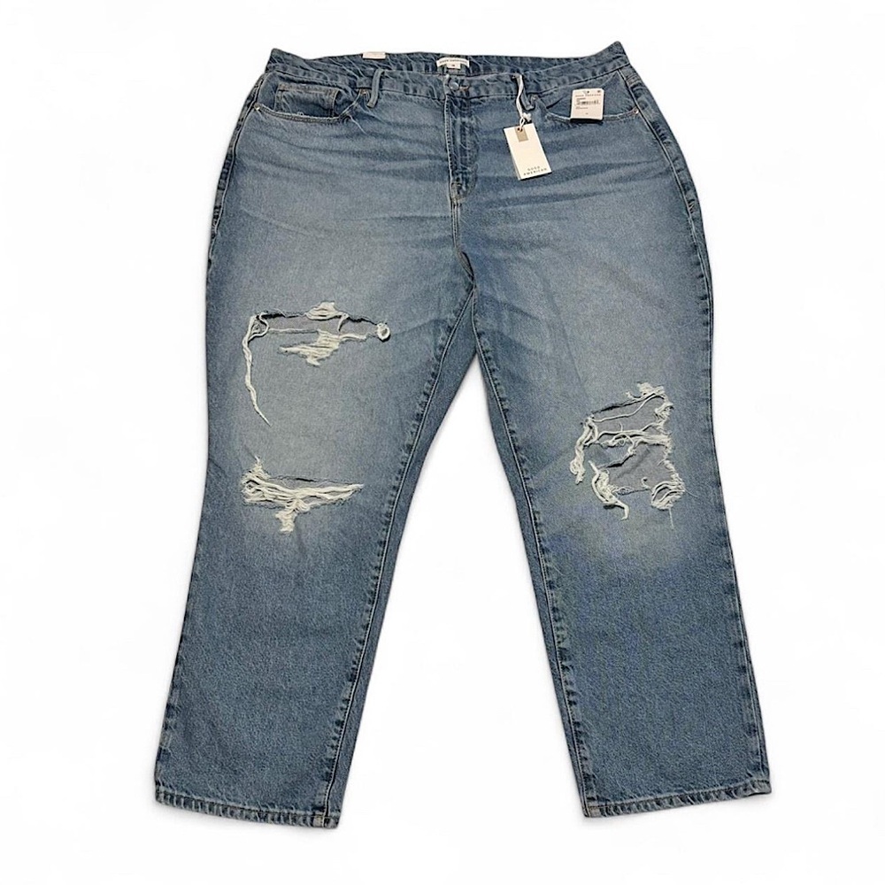 Good American Sz 18 Good Boy Jeans High Rise Straight Leg Distressed Light Wash - Picture 2 of 7